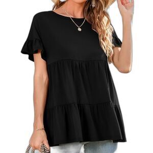 Women's Casual Ruffle Short Sleeve Crewneck Loose Top Blouse (175)